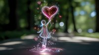 Magical glowing girl silhouette holding heart balloon with sparkles and pink hearts on blurred bokeh background in park. Fantasy romantic concept.