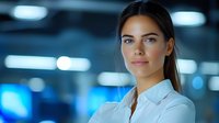 Young Caucasian businesswoman in white shirt against blurred blue office background with bokeh lights, confident professional portrait with soft smile.