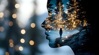 Double exposure silhouette of woman's face blended with winter forest scene showing lone figure among illuminated pine trees at dusk, dreamy bokeh lights.