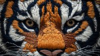 Close up macro shot of tiger eyes and nose showing detailed fur texture and intense gaze. Orange, black and white stripes create dramatic wildlife portrait.