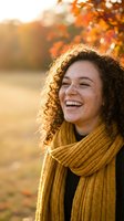 Happy young woman with curly hair laughing outdoors in autumn sunlight wearing cozy mustard yellow knit scarf with warm golden hour lighting and fall foliage.