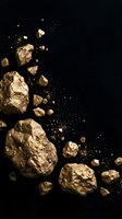 Golden metallic rocks and fragments scattered on black background creating luxury mineral composition for premium design projects.