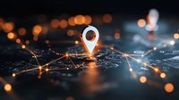 Glowing location pin icon on digital network map with connected dots and orange light effects against dark background, illustrating global positioning technology.