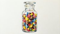 Glass jar filled with colorful wrapped candies, isolated on white background. Perfect for confectionery, candy shop, dessert, and retail design projects.
