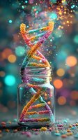 Colorful DNA helix emerging from glass jar with magical sparkles and bokeh lights on teal background. Scientific concept showing genetic research and biotechnology.