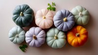 Pastel colored pumpkins in soft muted tones of blue, pink, purple, and mint green with bright orange accent arranged on light background with parsley garnish.