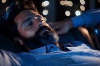 Middle Eastern man with full beard sleeping peacefully at night, illuminated by soft bokeh lights in dark blue atmosphere, wearing casual clothing.
