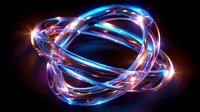Glowing abstract neon rings with blue and pink light trails creating dynamic spiral motion effect against dark background, suitable for technology concepts.