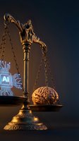 Golden scales of justice balancing human brain against artificial intelligence chip representing ethics in technology and legal decisions.
