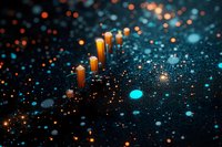 Glowing orange mushrooms emerge from dark surface with magical blue bokeh lights and sparkles creating mystical forest atmosphere. Suitable for fantasy designs.