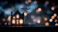 Spooky silhouette of haunted house with glowing windows against dark bokeh background, flying bats create mysterious Halloween atmosphere.