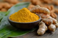 Fresh turmeric powder in wooden bowl with raw turmeric roots on green leaf, natural spice ingredient for cooking and wellness applications.