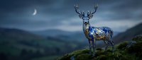 Majestic metal wire sculpture of stag deer standing on mountain ridge under crescent moon in twilight landscape for contemporary art and nature themes.