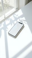 Modern smartphone with blank white screen on minimalist white desk by window with natural sunlight and plant shadows for mockup presentations.
