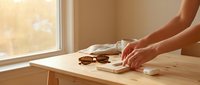 Woman organizing sunglasses and accessories on wooden table near window with warm natural light for lifestyle and home organization concepts.