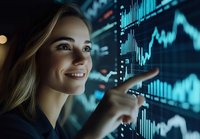 Young blonde businesswoman analyzing financial market data on digital screen, pointing at growing chart with confident smile in dark office.