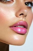 Close up of glowing skin and glossy pink lips with sparkle effect makeup. Professional beauty portrait showing dewy complexion and glamorous cosmetic application.