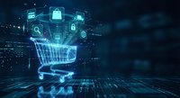Digital shopping cart with cybersecurity icons and data protection symbols floating above in blue holographic style for online commerce and secure payment.