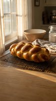 Freshly baked braided challah bread cooling on wire rack in warm sunlit kitchen with rustic wooden table and vintage bowls creating cozy homemade bakery atmosphere.