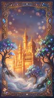 Fantasy castle with ornate frame and magical trees in dreamy twilight sky with bokeh lights for fairy tale book covers and gaming artwork.