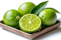 Fresh green limes with leaves on wooden plate against white background, one cut in half showing juicy pulp segments, close up view for food photography.