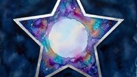 Watercolor galaxy star with silver outline and glowing moon circle, cosmic nebula colors in deep blue, purple, teal and gold on dark background.