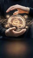Two hands cradling a glowing brain with golden light effects and energy waves, symbolizing mental health, intelligence, creativity, and mindfulness for wellness and psychology concepts.