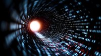 Digital tunnel with binary code and glowing light at end, abstract technology background representing data flow and cyber security concepts.