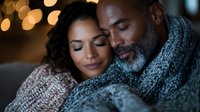 Intimate moment between mature African American couple in cozy sweaters sharing tender embrace with soft bokeh lights in background, eyes closed peacefully.