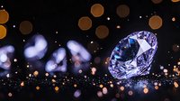 Sparkling diamond with purple hue on dark background with golden bokeh lights and glitter. Luxury jewelry concept with dramatic lighting and reflections.