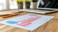 Financial report with red bar graph and blue chart on wooden desk near laptop and office supplies, showing business analytics and growth statistics.