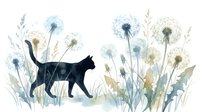 Young black cat walking through meadow with dandelion flowers and wild grasses, watercolor botanical illustration for nature-themed designs and home decor.