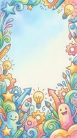 Colorful watercolor doodle border with rockets, gears, light bulbs, stars, and pencils on a soft background with copy space for text.