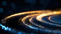 Abstract golden light trails with sparkling particles creating curved motion paths on dark background for technology and digital design projects.