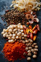 Vibrant array of aromatic spices including red chili powder, black peppercorns, garlic cloves, ginger root and dried red chilies on dark background for cooking.