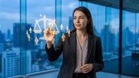 Professional businesswoman lawyer holding glowing scales of justice symbol in modern office with city skyline background at dusk for legal services.