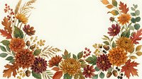 Autumn floral border with chrysanthemums, wheat, berries and colorful leaves on cream background for seasonal greeting cards and fall decorations.