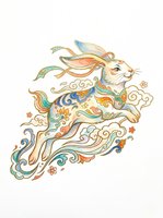 Decorative rabbit with ornamental patterns, flowing ribbons, and floral elements isolated on transparent background, ready for t-shirts, stickers, clipart, and print-on-demand designs.
