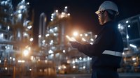 Asian male engineer in safety gear checking digital tablet at illuminated industrial plant during night shift, with bokeh lights and processing equipment background.
