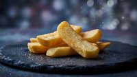 Golden crispy french fries on dark slate plate with sparkling bokeh background. Fast food restaurant menu photography for culinary advertising.