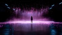 Silhouette of person standing before glowing pink light curtain with sparkling particles and reflective floor creating dramatic atmospheric scene.