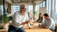Senior male professional with gray hair and glasses leading business meeting with diverse team in modern office with city views, discussing strategy and collaboration.