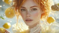 Young redhead woman with freckles in white lace dress surrounded by floating lemons and honey bees in dreamy golden sunlight atmosphere, natural beauty portrait.