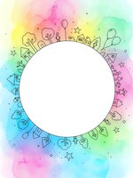 Colorful watercolor frame with doodle city elements around white circle space for text or logo design on rainbow gradient background.