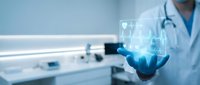 Medical professional in lab coat holding glowing digital health icons representing modern healthcare technology and telemedicine innovation.
