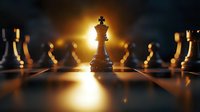 Chess king piece standing in dramatic lighting with golden backlight creating mystical atmosphere on reflective board surface, other pieces silhouetted in background.