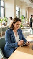 Professional businesswoman using tablet in modern office workspace with natural light and plants for corporate presentations and meetings.