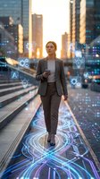 Professional Asian businesswoman walking on futuristic digital street with holographic technology icons and glowing data streams in modern city at sunset.