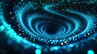 Spiral galaxy formation with glowing turquoise particles swirling in dark space, creating dynamic cosmic motion effect against black background.