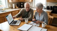 Senior Caucasian couple managing finances together at kitchen table with laptop, documents and coffee cups in cozy home setting for retirement planning.